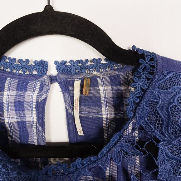 Free People S Navy Blue Darling Diana Lace Top Plaid Long Sleeve Blouse Keyhole - Picture 8 of 12